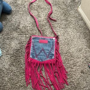 Wrangler Fringe Denim and Pink Crossbody Bag